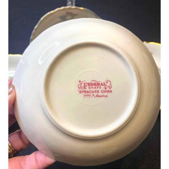 4 Berry Bowls PORTLAND Syracuse China Excellent Condition Gold Rims Floral Desig - Picture 4 of 6